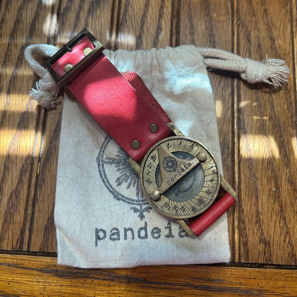 Pandia Red Leather Compass Sundial Watch